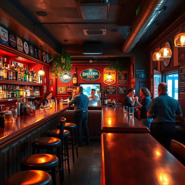 A vibrant bar interior with a warm, inviting atmosphere