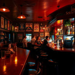 A vibrant bar interior with a warm, inviting atmosphere