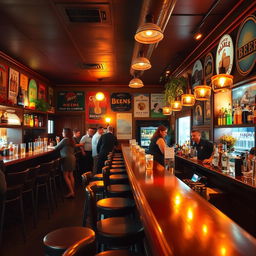 A vibrant bar interior with a warm, inviting atmosphere