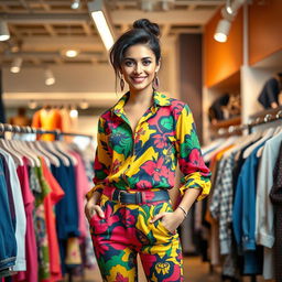 A stunning young woman in an eye-catching outfit designed for a garments sale, with vibrant colors and bold patterns that draw attention