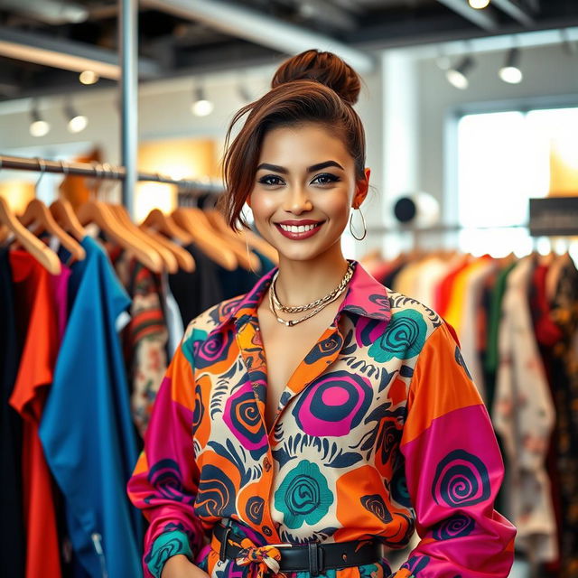 A stunning young woman in an eye-catching outfit designed for a garments sale, with vibrant colors and bold patterns that draw attention