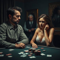 A dramatic scene depicting a husband and his wife, capturing the moment right after the wife discovers that her husband has just lost her to a creepy old man in a game of poker