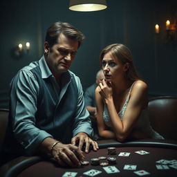 A dramatic scene depicting a husband and his wife, capturing the moment right after the wife discovers that her husband has just lost her to a creepy old man in a game of poker
