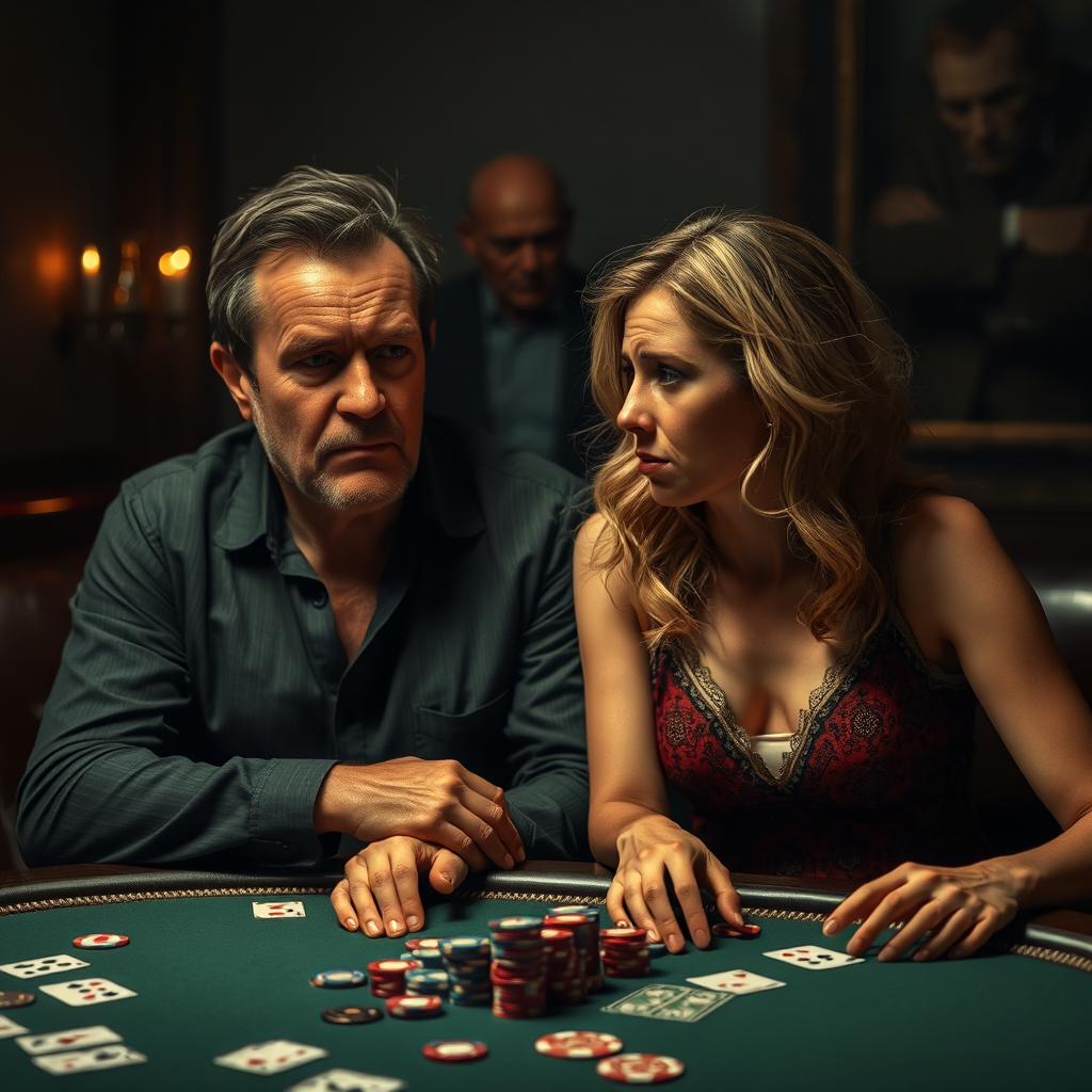 A dramatic scene depicting a husband and his wife, capturing the moment right after the wife discovers that her husband has just lost her to a creepy old man in a game of poker