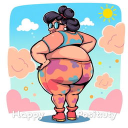 A vibrant and colorful cartoon-style illustration of a large, exaggerated character with a big butt, playfully depicted in a whimsical and exaggerated manner