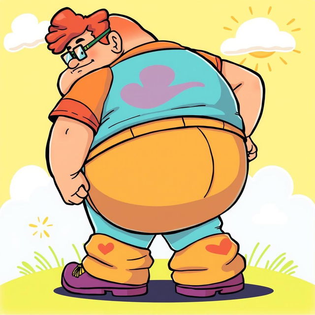 A vibrant and colorful cartoon-style illustration of a large, exaggerated character with a big butt, playfully depicted in a whimsical and exaggerated manner