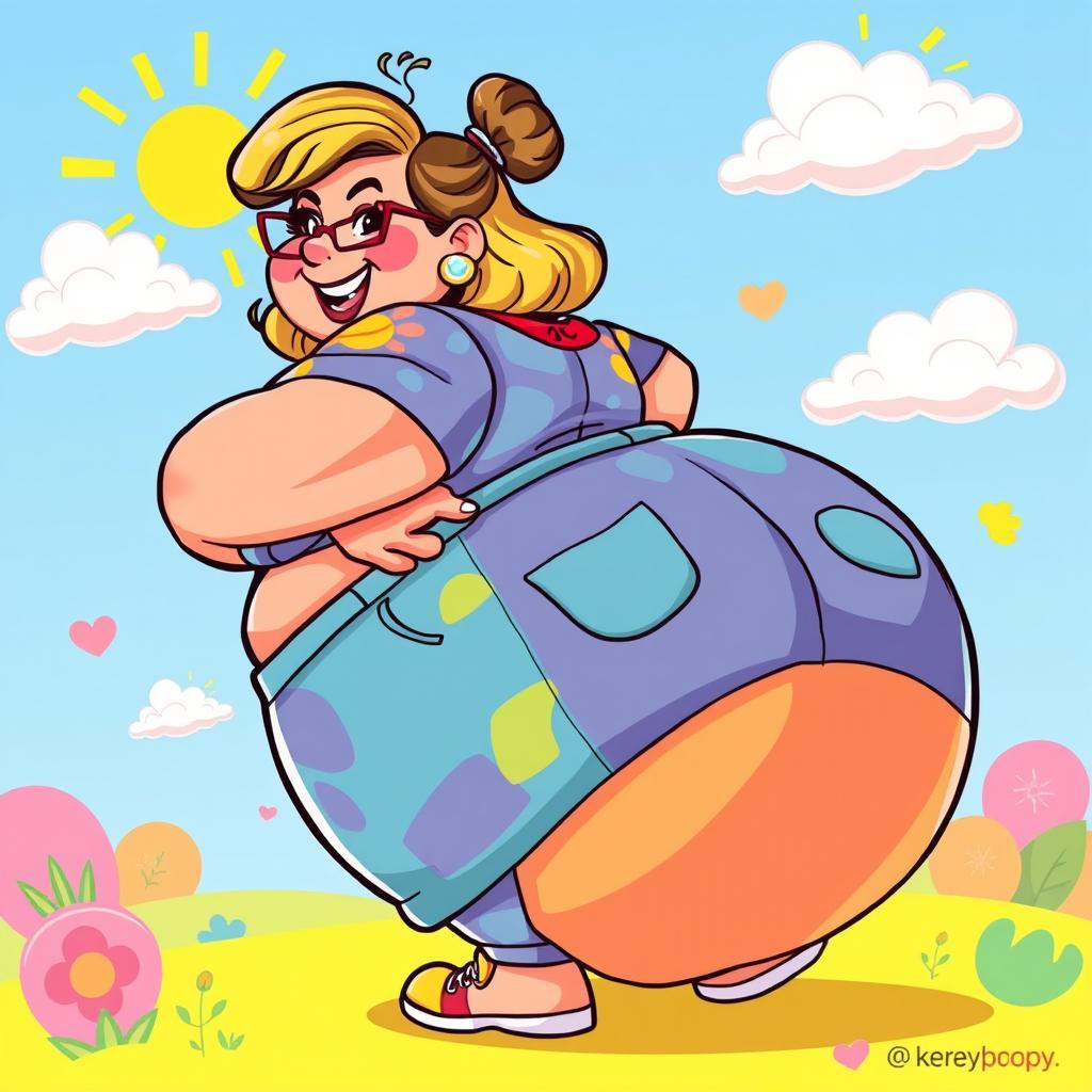 A vibrant and colorful cartoon-style illustration of a large, exaggerated character with a big butt, playfully depicted in a whimsical and exaggerated manner