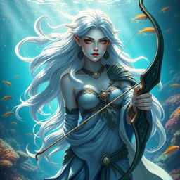 A stunning female aquatic elf with light blue skin, elegantly poised with a longbow in her hand
