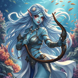 A stunning female aquatic elf with light blue skin, elegantly poised with a longbow in her hand
