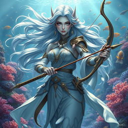 A stunning female aquatic elf with light blue skin, elegantly poised with a longbow in her hand