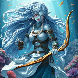 A stunning female aquatic elf with light blue skin, elegantly poised with a longbow in her hand