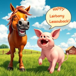 A humorous scene featuring a horse laughing joyfully alongside a pig, both engaging in a playful interaction