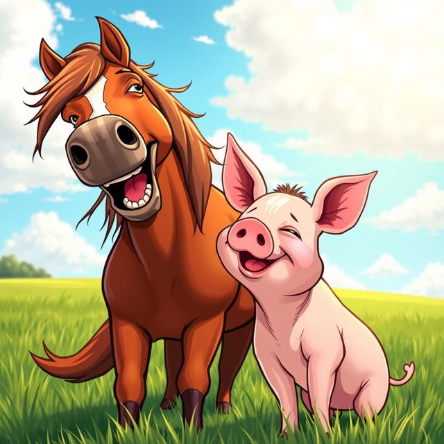 A humorous scene featuring a horse laughing joyfully alongside a pig, both engaging in a playful interaction