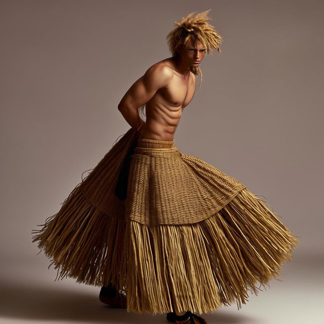 male in futuristic casual raffia skirt attire