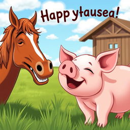 A humorous scene featuring a horse laughing joyfully alongside a pig, both engaging in a playful interaction