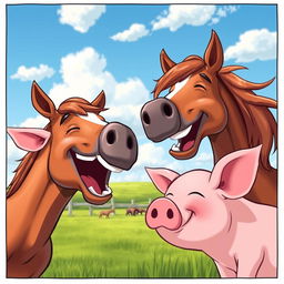 A humorous scene featuring a horse laughing joyfully alongside a pig, both engaging in a playful interaction
