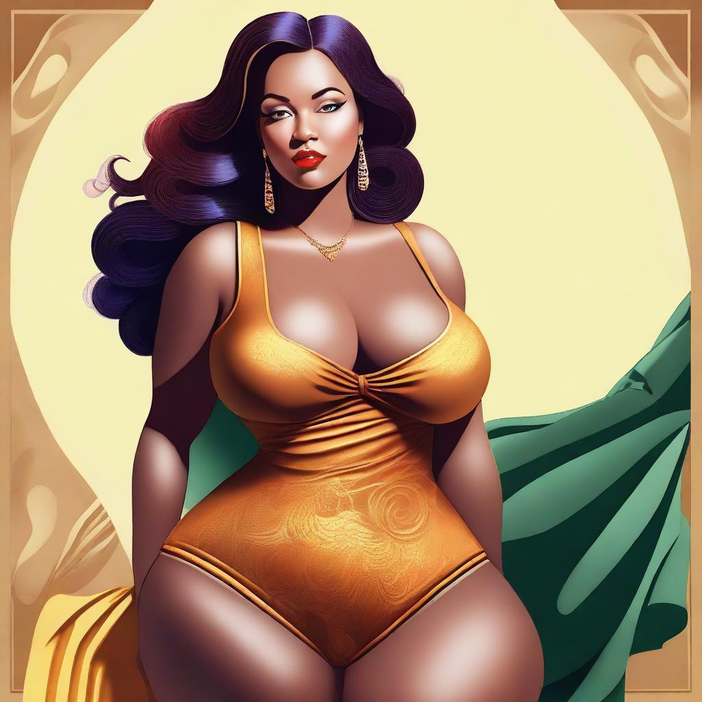 A digital art image of a voluptuous woman with a curvaceous figure, dressed in a tasteful attire