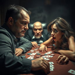 A dramatic and tense scene featuring a husband and his wife, capturing the moment after the wife learns that her husband has lost her to a creepy old man, resembling an exaggerated cartoon version of a notorious figure