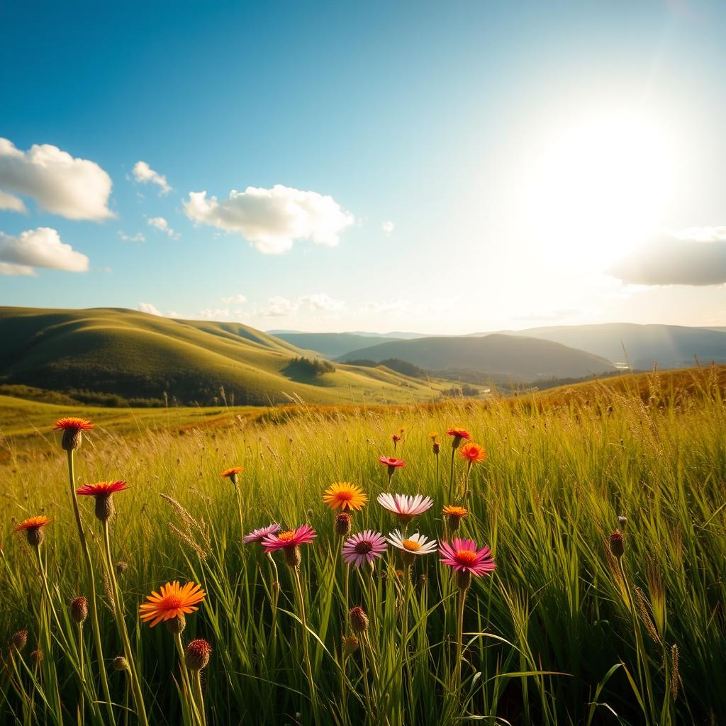 A beautifully composed scene featuring a picturesque landscape with rolling hills, vibrant greenery, and a clear blue sky, showcasing the essence of tranquility and natural beauty