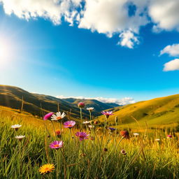 A beautifully composed scene featuring a picturesque landscape with rolling hills, vibrant greenery, and a clear blue sky, showcasing the essence of tranquility and natural beauty