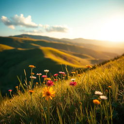 A beautifully composed scene featuring a picturesque landscape with rolling hills, vibrant greenery, and a clear blue sky, showcasing the essence of tranquility and natural beauty
