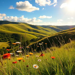 A beautifully composed scene featuring a picturesque landscape with rolling hills, vibrant greenery, and a clear blue sky, showcasing the essence of tranquility and natural beauty