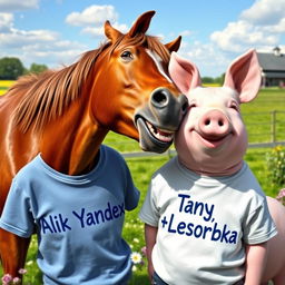 A playful and humorous scene featuring a horse laughing heartily next to a pig, both wearing t-shirts that proudly display their names: Alik Yandex for the horse and Tanya Lesorubka for the pig