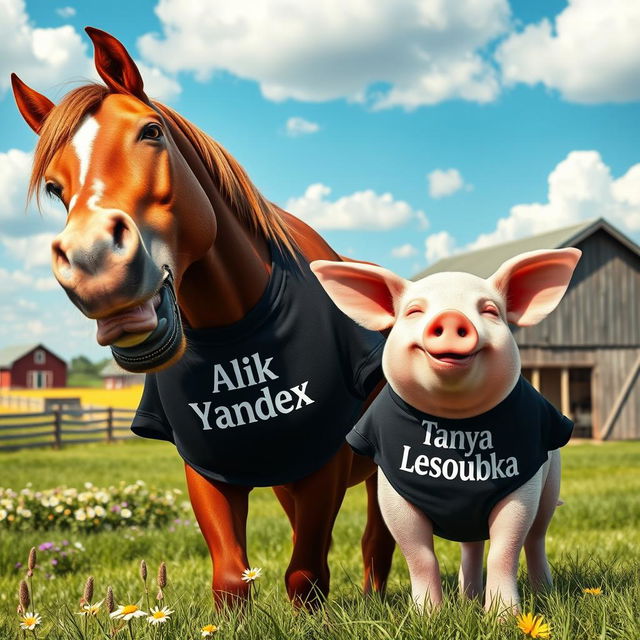 A playful and humorous scene featuring a horse laughing heartily next to a pig, both wearing t-shirts that proudly display their names: Alik Yandex for the horse and Tanya Lesorubka for the pig