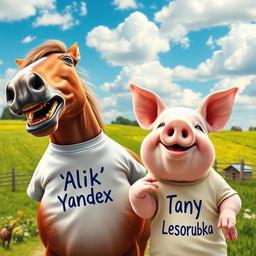 A playful and humorous scene featuring a horse laughing heartily next to a pig, both wearing t-shirts that proudly display their names: Alik Yandex for the horse and Tanya Lesorubka for the pig