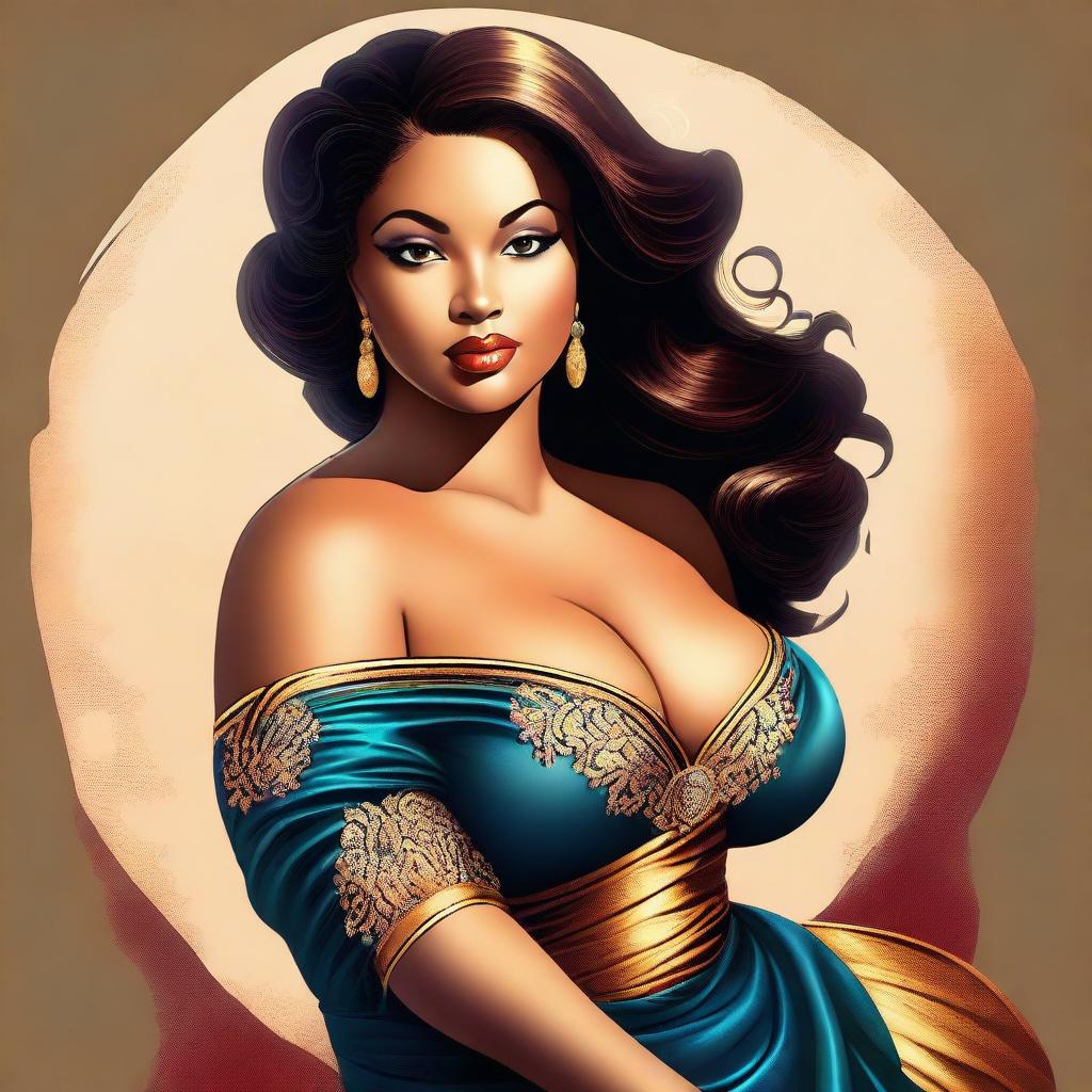 A digital art image of a voluptuous woman with a curvaceous figure, dressed in a tasteful attire