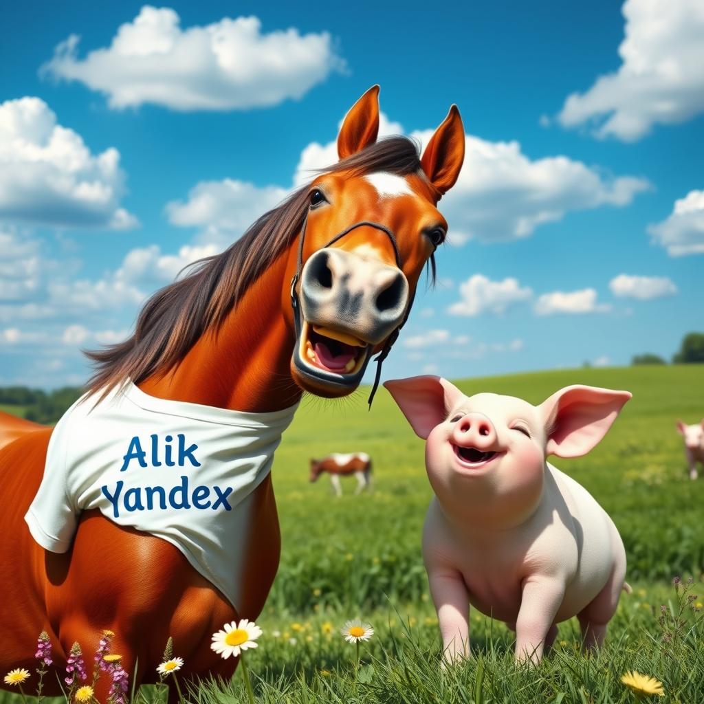 A playful and humorous scene featuring a horse laughing heartily next to a pig, both wearing t-shirts that proudly display their names: Alik Yandex for the horse and Tanya Lesorubka for the pig