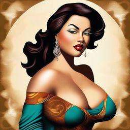 A digital art image of a voluptuous woman with a curvaceous figure, dressed in a tasteful attire