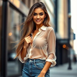 A stunning woman confidently wearing a transparent shirt that delicately drapes over her figure