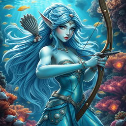 A stunning female sea elf with light blue skin, showcasing her ethereal beauty