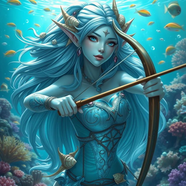 A stunning female sea elf with light blue skin, showcasing her ethereal beauty