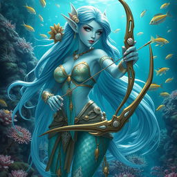 A stunning female sea elf with light blue skin, showcasing her ethereal beauty
