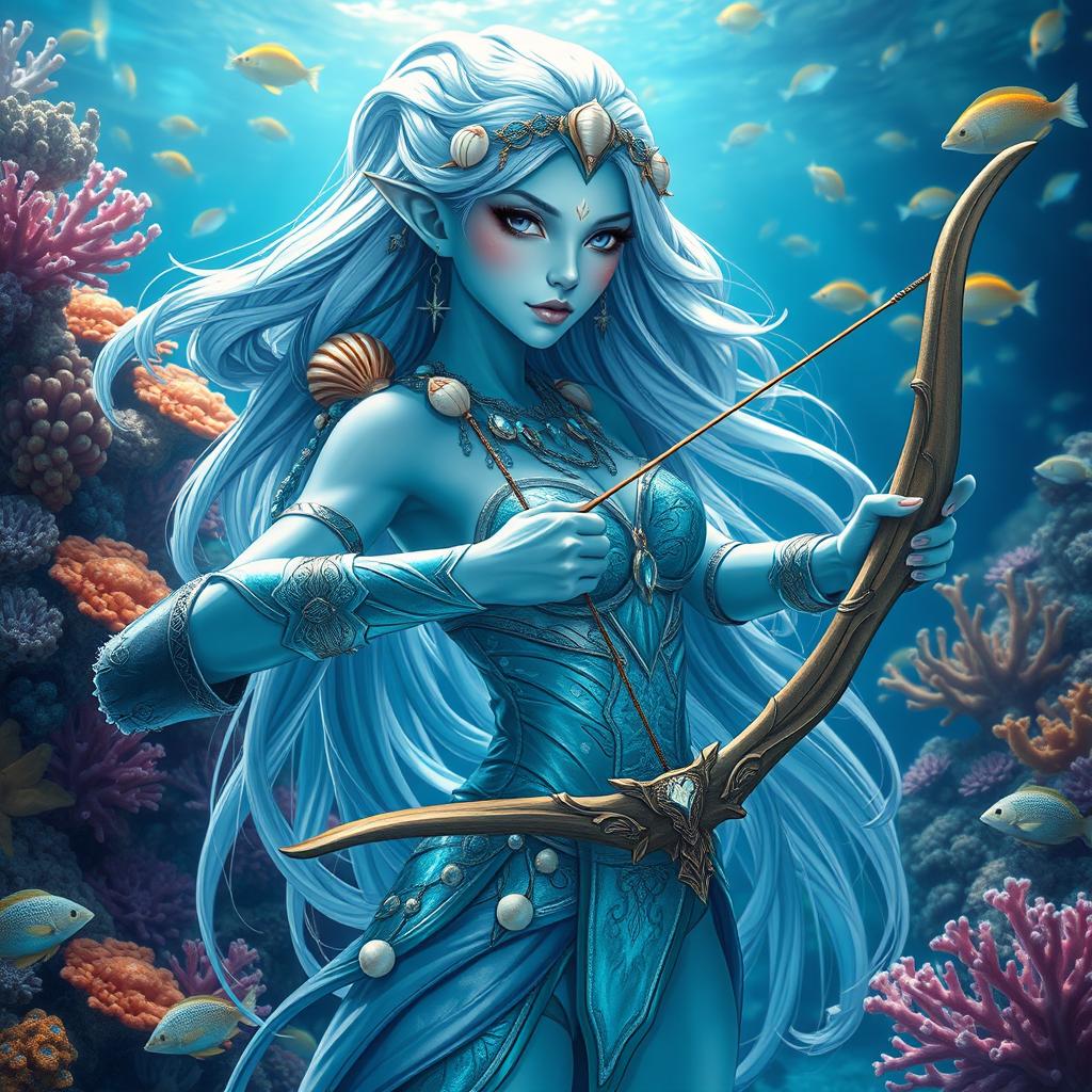 A stunning female sea elf with light blue skin, showcasing her ethereal beauty