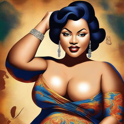 A digital art image of a voluptuous woman with a curvaceous figure, dressed in a tasteful attire