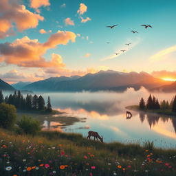 A serene landscape featuring a tranquil lake reflecting the clouds, surrounded by majestic mountains in the background, with a vibrant sunrise casting warm golden and pink hues over the scene