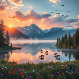 A serene landscape featuring a tranquil lake reflecting the clouds, surrounded by majestic mountains in the background, with a vibrant sunrise casting warm golden and pink hues over the scene