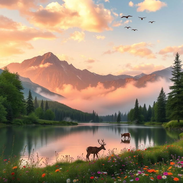 A serene landscape featuring a tranquil lake reflecting the clouds, surrounded by majestic mountains in the background, with a vibrant sunrise casting warm golden and pink hues over the scene