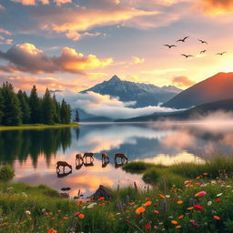 A serene landscape featuring a tranquil lake reflecting the clouds, surrounded by majestic mountains in the background, with a vibrant sunrise casting warm golden and pink hues over the scene
