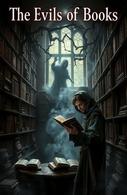 A dramatic and visually stunning representation of the concept of 'the evils of books,' illustrated through a dark and enchanted library scene