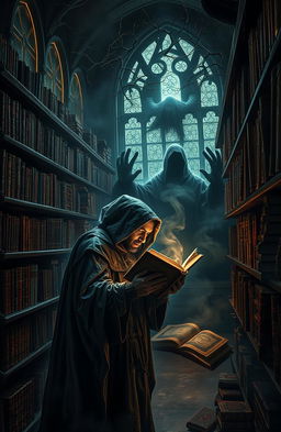 A dramatic and visually stunning representation of the concept of 'the evils of books,' illustrated through a dark and enchanted library scene