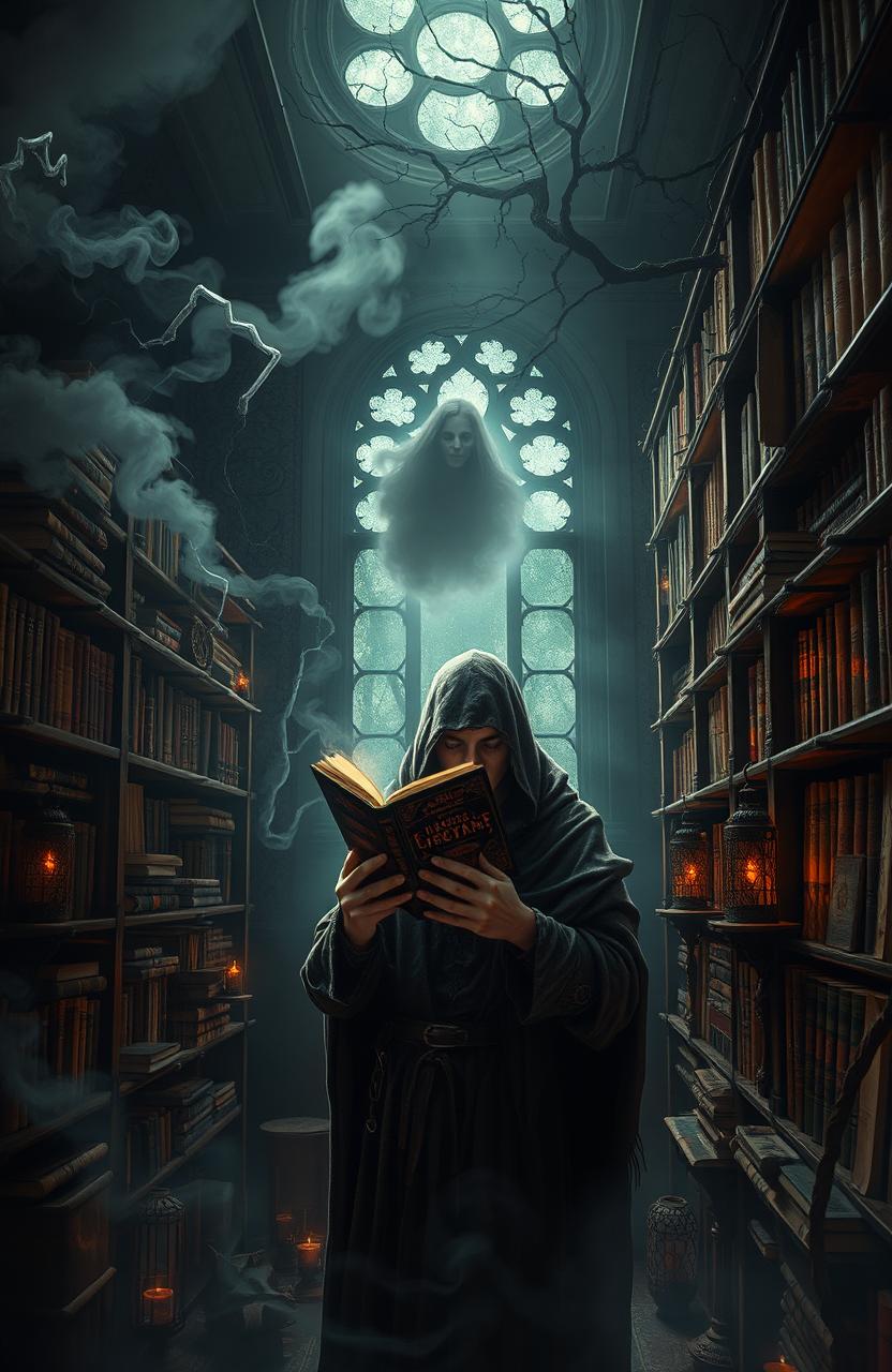 A dramatic and visually stunning representation of the concept of 'the evils of books,' illustrated through a dark and enchanted library scene