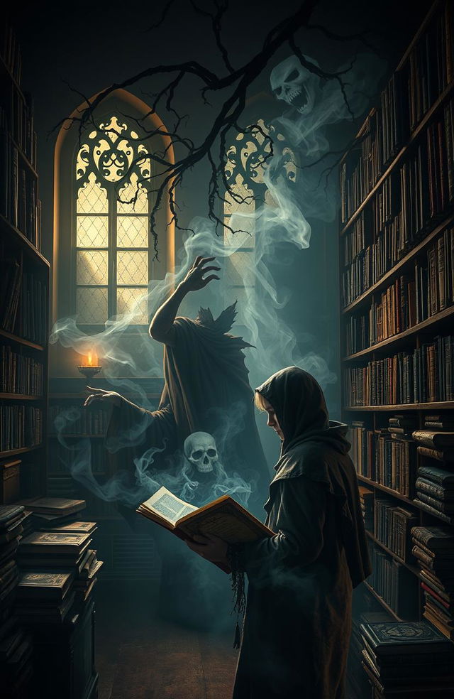 A dramatic and visually stunning representation of the concept of 'the evils of books,' illustrated through a dark and enchanted library scene