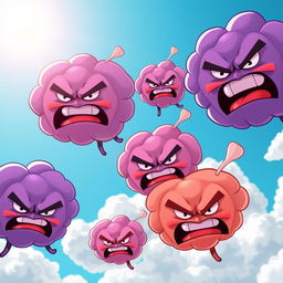 A group of angry cartoon bubbles, each with furious facial expressions, floating in a bright blue sky
