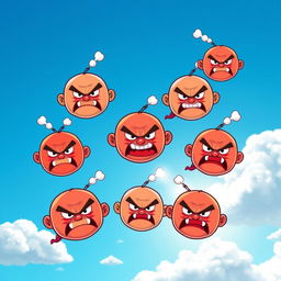A group of angry cartoon bubbles, each with furious facial expressions, floating in a bright blue sky
