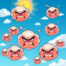 A group of angry cartoon bubbles, each with furious facial expressions, floating in a bright blue sky