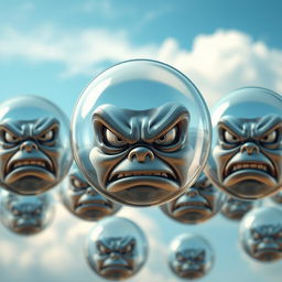 A realistic depiction of angry bubbles, each bubble showcasing intricate details like reflections and distortions of the surrounding environment